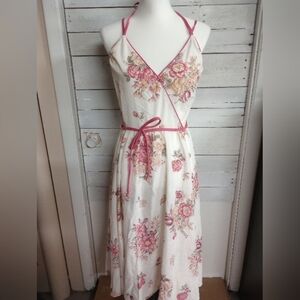 Floral Strappy Midi Dress, Rose Pink Print, Fitted Bodice and Flowy Skirt